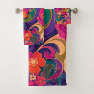 60s Pyschedelic Floral Luxe Jewel Tone Bath Towel Set
