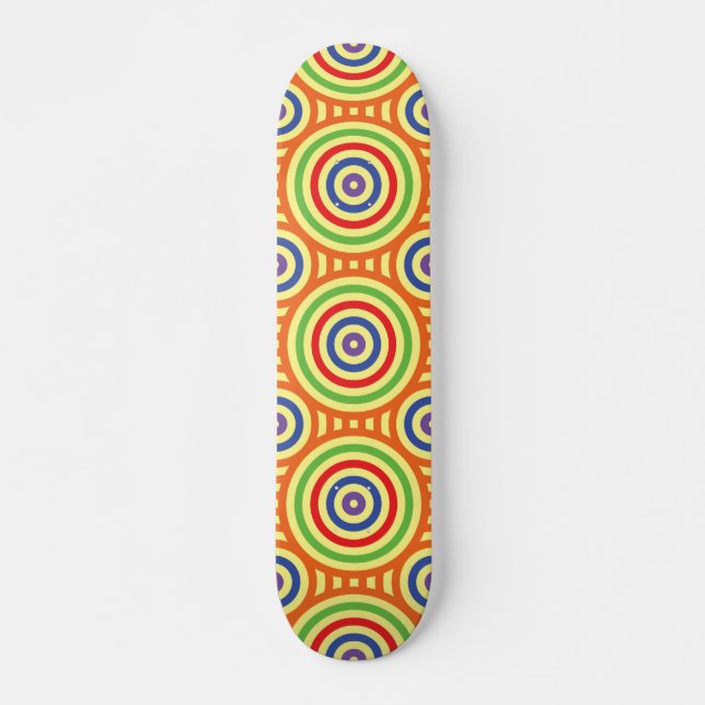 60s Retro Circular Geometric Pattern. Red, Green S Skateboard (Front)