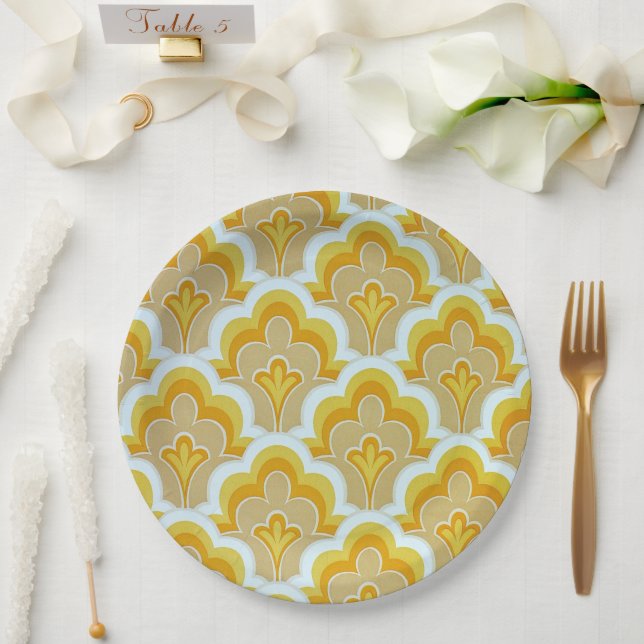 60's vintage mustard yellow patterned  paper plate (Wedding)