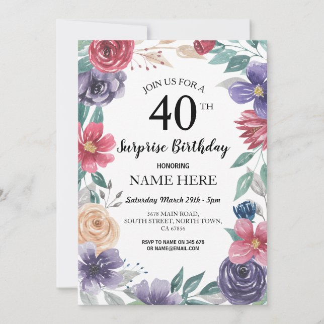 60th 50th 40th 30th Birthday Party Floral Invite (Front)