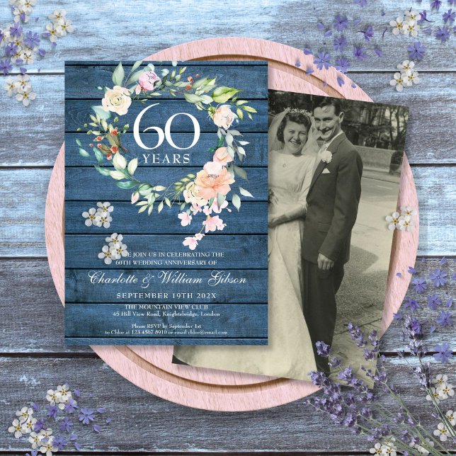 60th 75th Anniversary Wedding Photo Floral Rustic Invitation (60th 75th Anniversary Wedding Photo Floral Rustic Invitation)