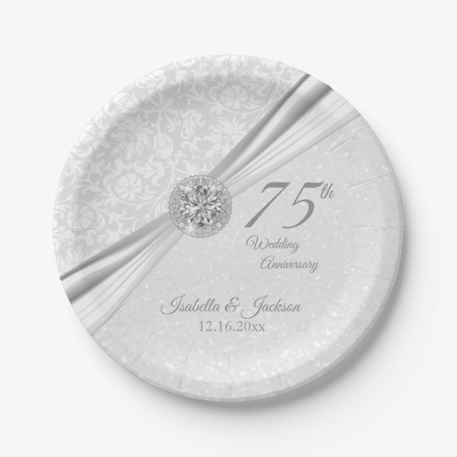 60th / 75th Diamond Anniversary on White Glitter Paper Plate (Front)
