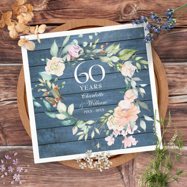 60th 75th Wedding Anniversary Blue Rustic Floral Napkin (Creator Uploaded)