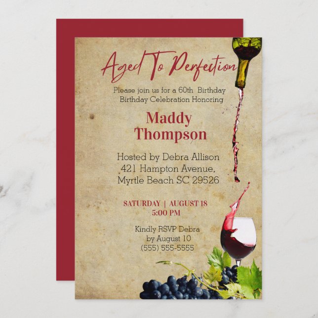 60th Aged to Perfection Wine Birthday Celebration Invitation (Front/Back)
