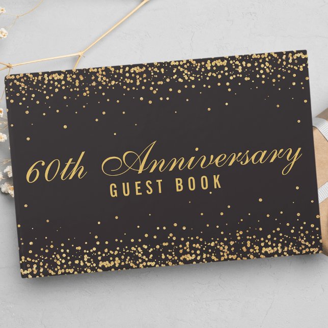 60th Anniversary Black Gold Confetti Elegant Guest Book (Creator Uploaded)