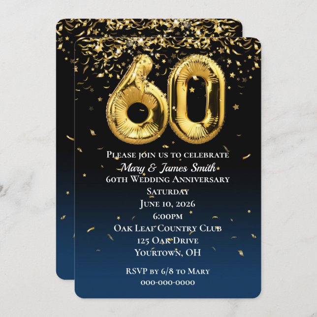 60th Anniversary Gold Balloons Confetti Invitation (Front/Back)