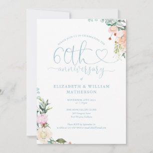 60th Anniversary Heart Script Floral Monogram Invitation