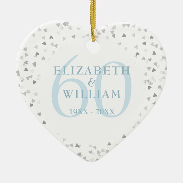 60th Anniversary Hearts Confetti Ceramic Ornament (Front)