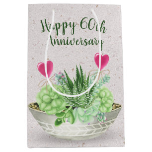 60th Anniversary Hearts in Succulents  Medium Gift Bag