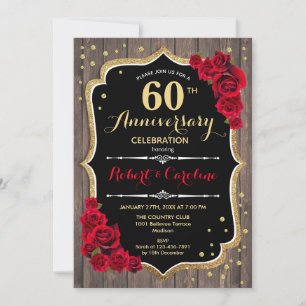 60th Anniversary Invitation - Wood Red Gold