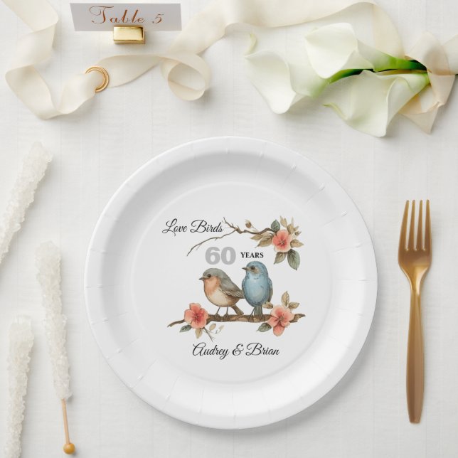 60th Anniversary Love Birds Personalised Paper Plate (Wedding)
