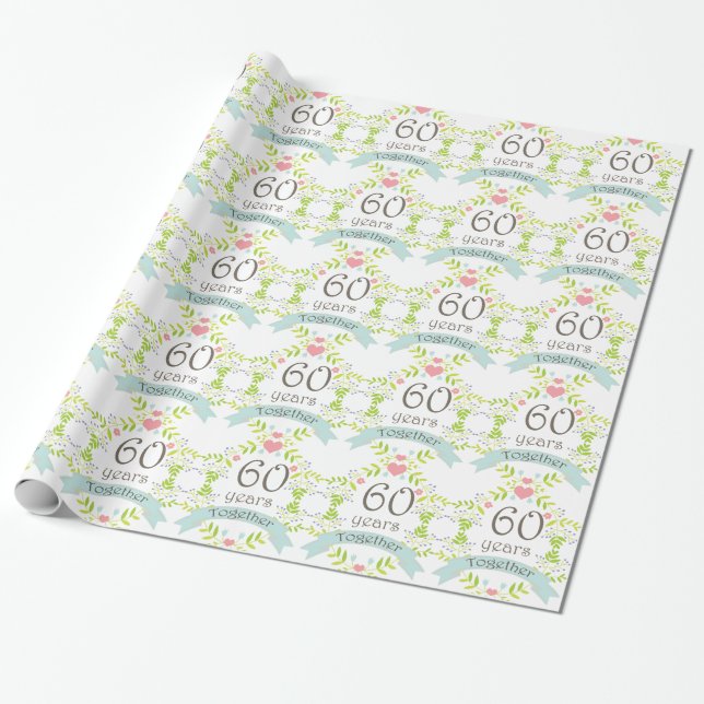 60th Anniversary Love Heart Gift Wrap (Unrolled)