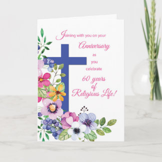 60th Anniversary, Nun, Religious Life Cross and Fl Card