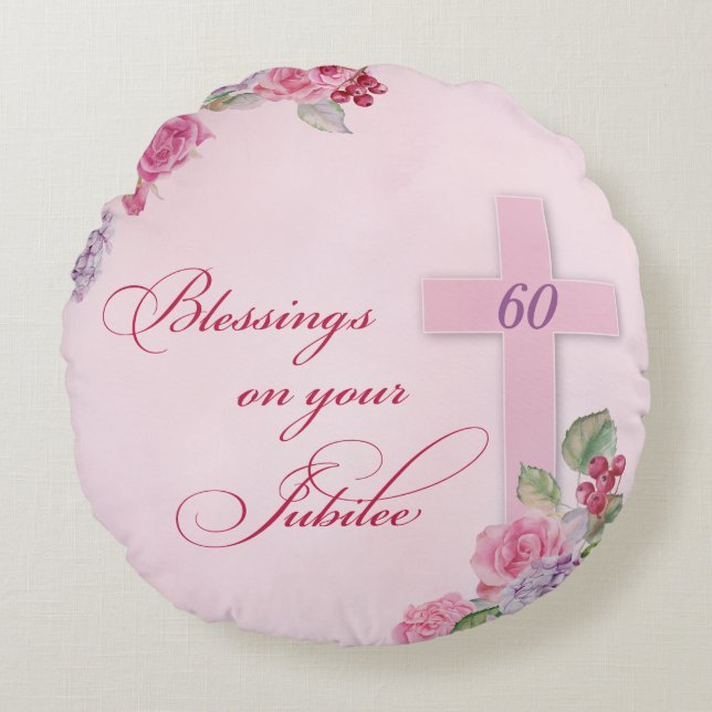 60th Anniversary of Religious Life Catholic Nun Round Cushion (Front)