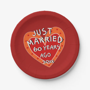60th Anniversary or Any Year Fun Red Heart Party Paper Plate