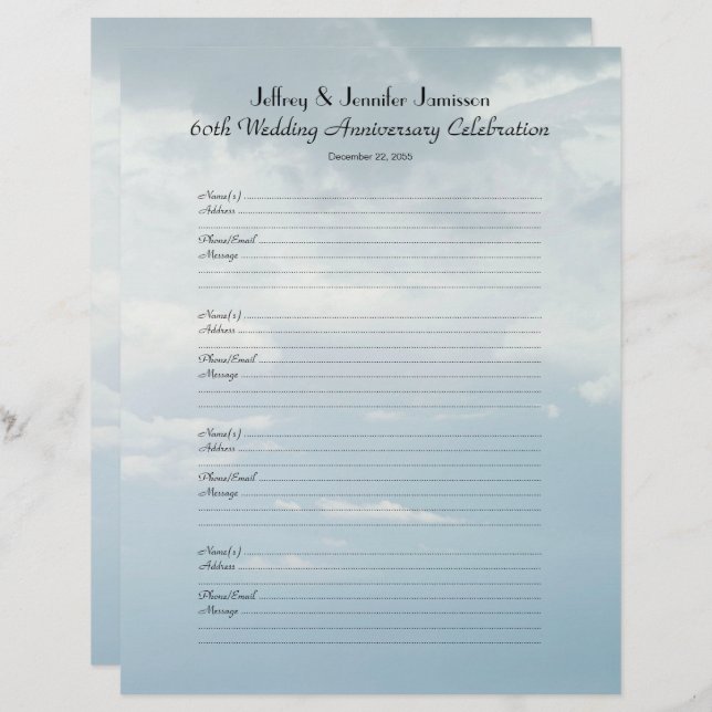 60th Anniversary Party Guest Book Sign-In Page (Front/Back)