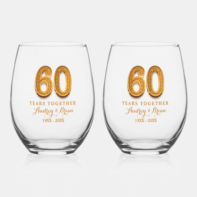 60th Anniversary Personalised Stemless Wine Glass (Front)