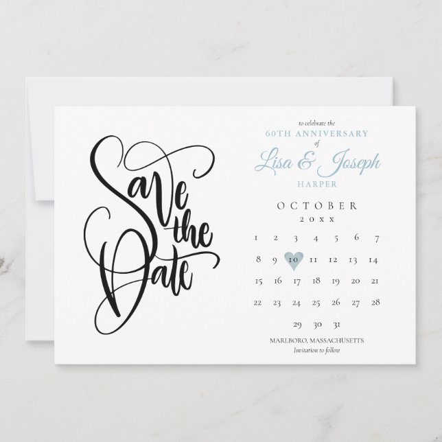 60th Anniversary Save the Date Calendar Blue Heart (Front)