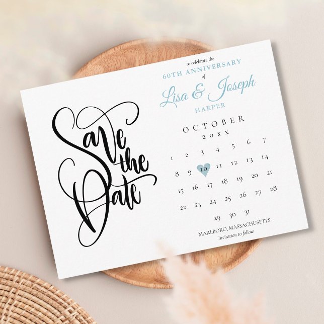 60th Anniversary Save the Date Calendar Love Heart Postcard (Creator Uploaded)
