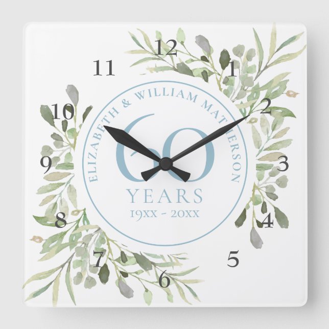 60th Anniversary Watercolour Floral Square Wall Clock (Front)