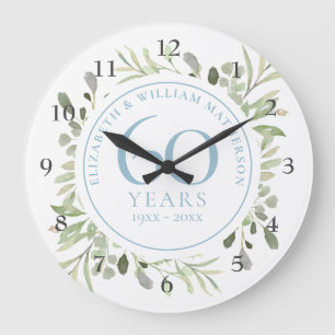 60th Anniversary Watercolour Greenery Floral Large Clock