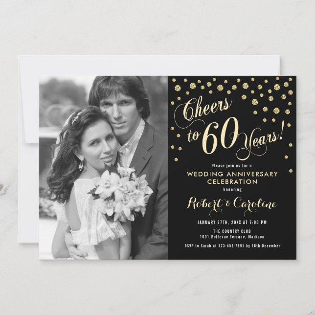 60th Anniversary with Photo - Gold Black Invitation (Front)