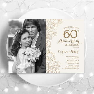 60th Anniversary With Photo - Ivory Gold Floral Invitation
