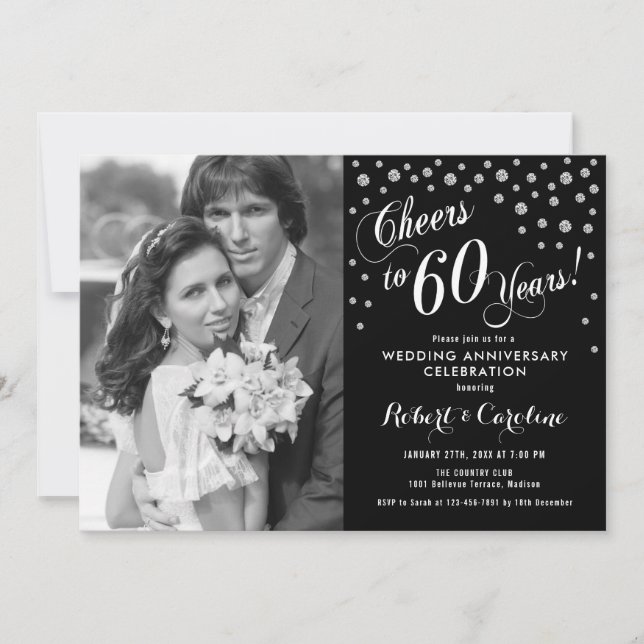60th Anniversary with Photo - Silver White Black Invitation (Front)