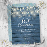 60th Anniversary Wood String Lights Save the Date Announcement Postcard<br><div class="desc">Featuring pretty string lights and delicate love hearts confetti on a blue rustic wood background. Personalise with your special sixty years diamond anniversary save the date information in chic lettering. Designed by Thisisnotme©</div>