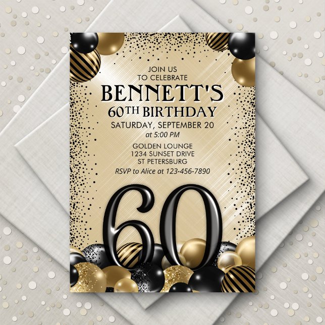 60th Balloons Black Gold Birthday Invitation (Creator Uploaded)