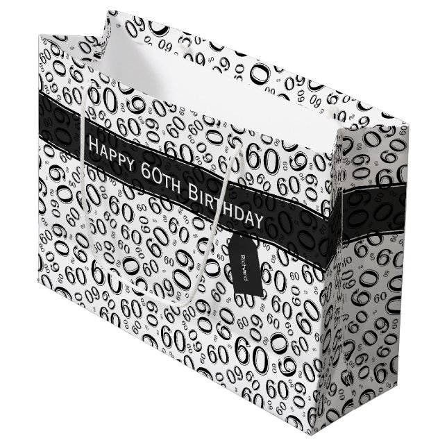 60th Biirthday Random Number Pattern Black/White Large Gift Bag (Front Angled)