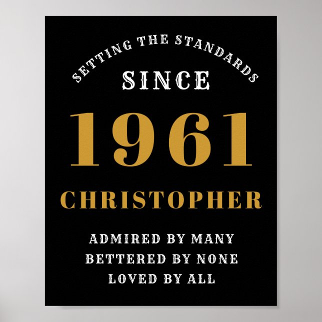 60th Birthday 1961 Black Gold For Him Personalised Poster (Front)