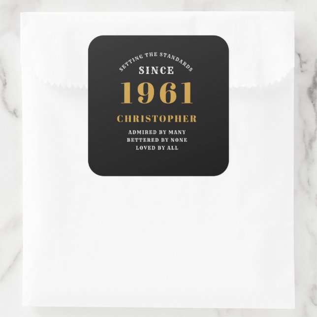 60th Birthday 1961 Black Gold For Him Personalised Square Sticker (Bag)