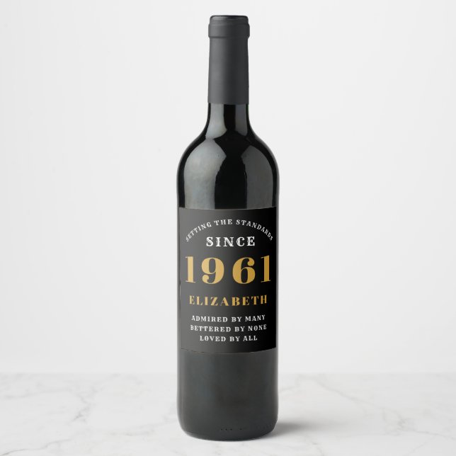 60th Birthday 1961 Black Gold lady's Personalised Wine Label (Front)