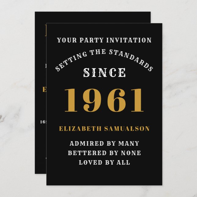 60th Birthday 1961 Black Gold Personalised For Her Invitation (Front/Back)