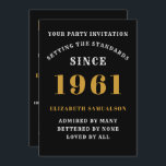 60th Birthday 1961 Black Gold Personalised For Her Invitation<br><div class="desc">For those born in 1961 and celebrating their 60th birthday party we have the ideal birthday invitation card. The black background with a white and gold design is simple and yet elegant. Easily customise the text to the front and the rear of this birthday invitation card using the template provided....</div>