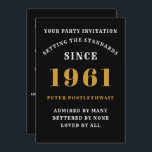 60th Birthday 1961 Black Gold Personalised For Him Invitation<br><div class="desc">For those born in 1961 and celebrating their 60th birthday party we have the ideal birthday invitation card. The black background with a white and gold design is simple and yet elegant. Easily customise the text to the front and the rear of this birthday invitation card using the template provided....</div>