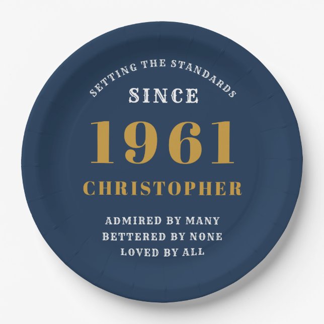 60th Birthday 1961 Blue Gold For Him Personalised Paper Plate (Front)