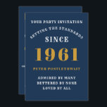60th Birthday 1961 Blue Gold Personalised For Him Invitation<br><div class="desc">For those born in 1961 and celebrating their 60th birthday party we have the ideal birthday invitation card. The blue background with a white and gold design is simple and yet elegant. Easily customise the text to the front and the rear of this birthday invitation card using the template provided....</div>