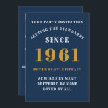 60th Birthday 1961 Blue Gold Personalised For Him Invitation<br><div class="desc">For those born in 1961 and celebrating their 60th birthday party we have the ideal birthday invitation card. The blue background with a white and gold design is simple and yet elegant. Easily customise the text to the front and the rear of this birthday invitation card using the template provided....</div>