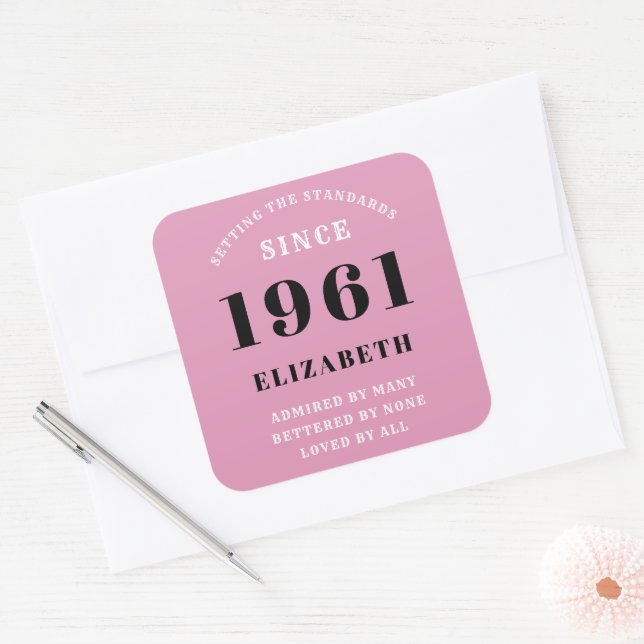 60th Birthday 1961 Pink Black lady's Personalised Square Sticker (Envelope)