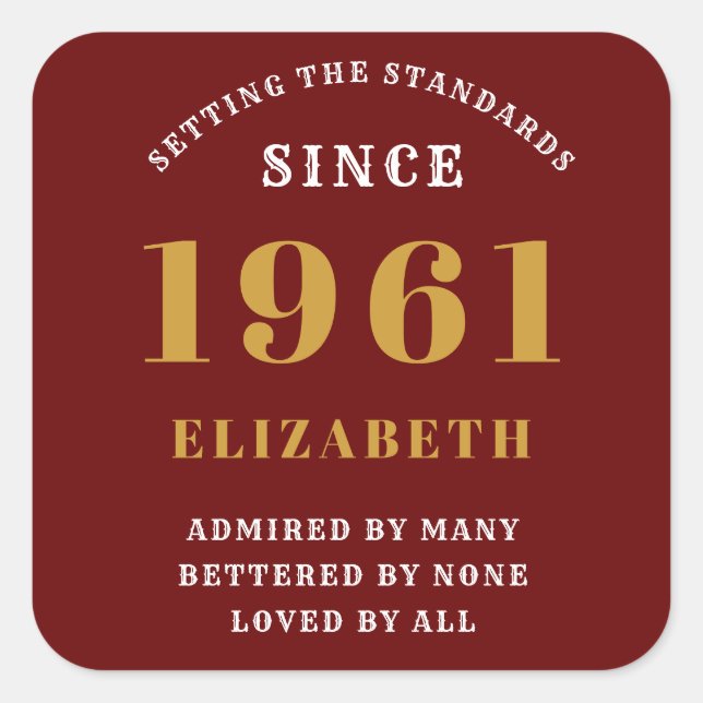 60th Birthday 1961 Red Gold lady's Personalised Square Sticker (Front)