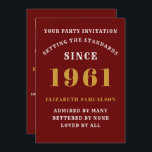 60th Birthday 1961 Red Gold Personalised For Her Invitation<br><div class="desc">For those born in 1961 and celebrating their 60th birthday party we have the ideal birthday invitation card. The red background with a white and gold design is simple and yet elegant. Easily customise the text to the front and the rear of this birthday invitation card using the template provided....</div>