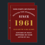 60th Birthday 1961 Red Gold Personalised For Her Invitation<br><div class="desc">For those born in 1961 and celebrating their 60th birthday party we have the ideal birthday invitation card. The red background with a white and gold design is simple and yet elegant. Easily customise the text to the front and the rear of this birthday invitation card using the template provided....</div>
