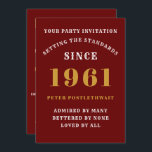 60th Birthday 1961 Red Gold Personalised For Him Invitation<br><div class="desc">For those born in 1961 and celebrating their 60th birthday party we have the ideal birthday invitation card. The red background with a white and gold design is simple and yet elegant. Easily customise the text to the front and the rear of this birthday invitation card using the template provided....</div>