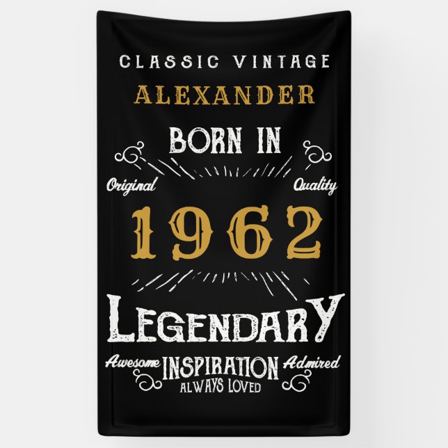 60th Birthday 1962 Add Name Black Gold Legendary Banner (Vertical)