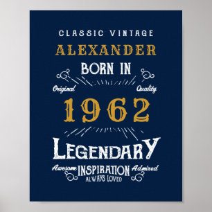 60th Birthday 1962 Add Name Legendary Blue Gold Poster