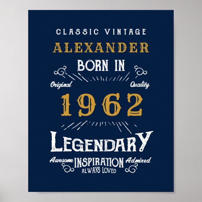 60th Birthday 1962 Add Name Legendary Blue Gold Poster (Front)