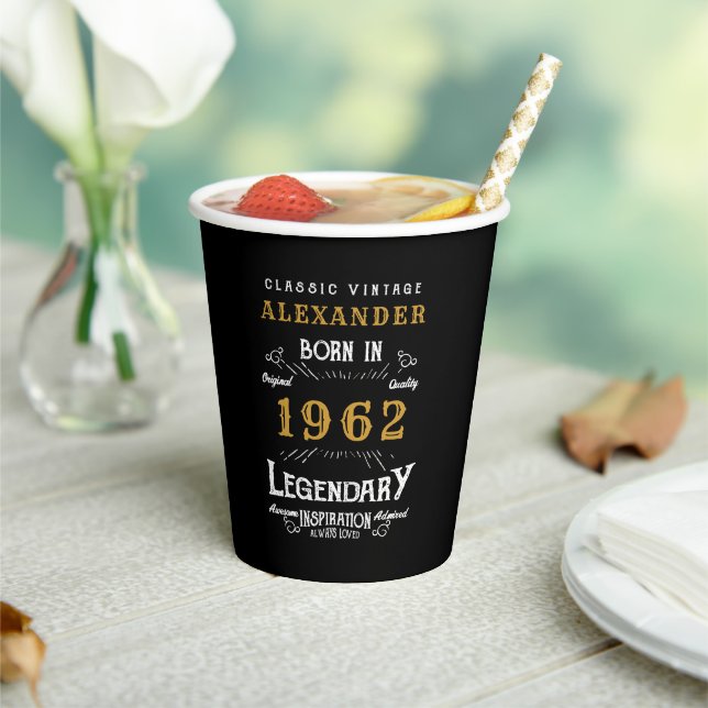 60th Birthday 1962 Black Gold Add Name Retro Paper Cups (Insitu)