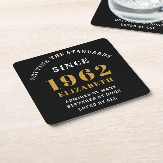 60th Birthday 1962 Elegant Black Gold Chic Square Paper Coaster (Angled)